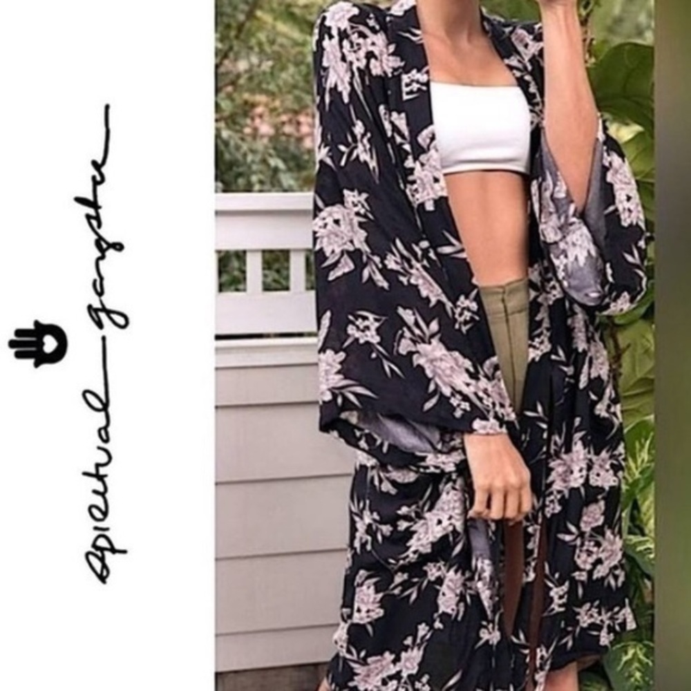 Spiritual Gangster Maya black grey/tan white floral print kimono robe cardigan